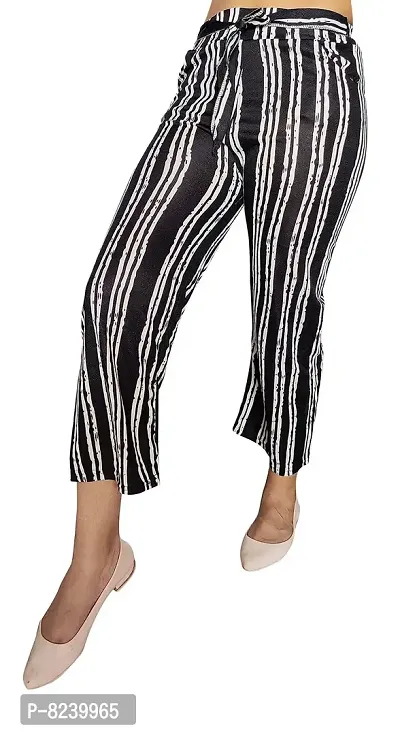 zebaya Women's Regular Fit Palazzo (Waist Size 28 to 30) Black  White Striped mid-Rise Parallel Trousers, has a Slip-on Closure, Two Pockets, Waist tie-up.-thumb5