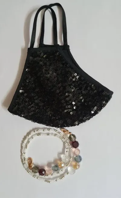 beautiful combo of black sequins embroidery mask and multipurpose mask holder chain/ eyeglass holder/ necklace