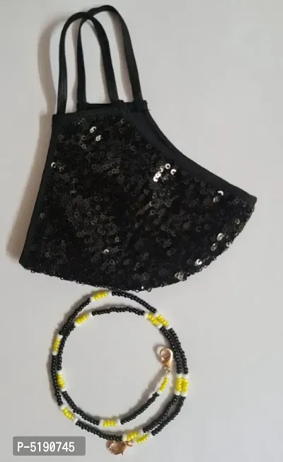 Beautiful Combo of black sequins embroidery mask and multipurpose mask holder chain / eye glass holder / necklace