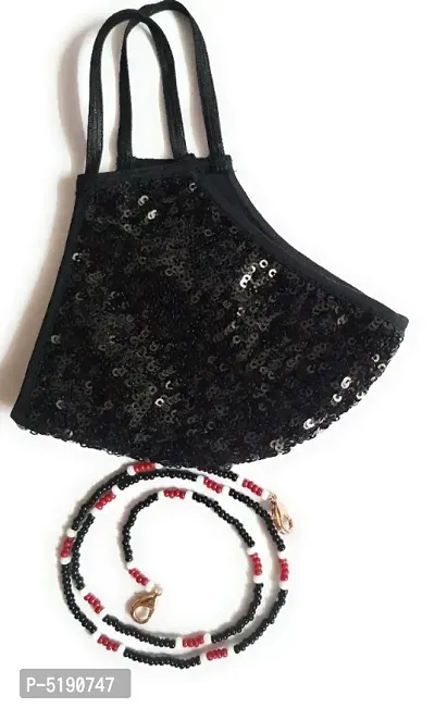 Beautiful Combo of black sequins embroidery mask and multipurpose mask holder chain / eye glass holder / necklace