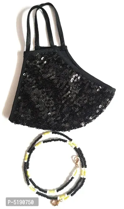 Beautiful Combo of black sequins embroidery mask and multipurpose mask holder chain / eye glass holder / necklace