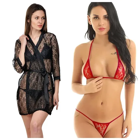 Stylish Net Bridal Babydolls/Sexy Night Robe With Lingerie Set Combo For Women