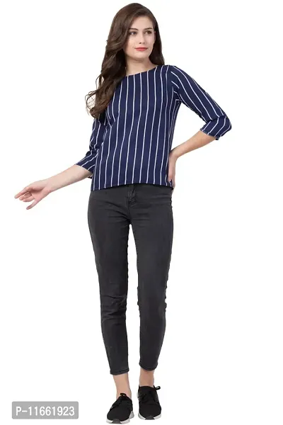 DAZZY BOUTIQUE Crepe Tops for Women, Striped Print Crepe Regular Fit Office Wear, Casual Wear T-Shirt for Girls and Women (Blue_Strip, X-Large)-thumb5