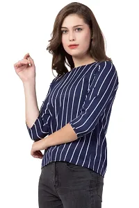 DAZZY BOUTIQUE Crepe Tops for Women, Striped Print Crepe Regular Fit Office Wear, Casual Wear T-Shirt for Girls and Women (Blue_Strip, X-Large)-thumb2