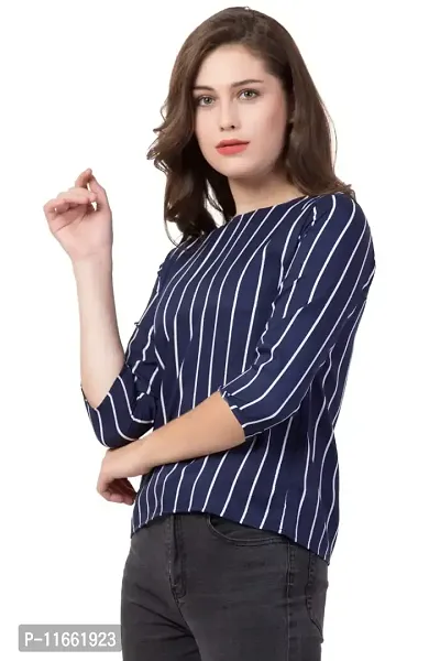 DAZZY BOUTIQUE Crepe Tops for Women, Striped Print Crepe Regular Fit Office Wear, Casual Wear T-Shirt for Girls and Women (Blue_Strip, X-Large)-thumb3