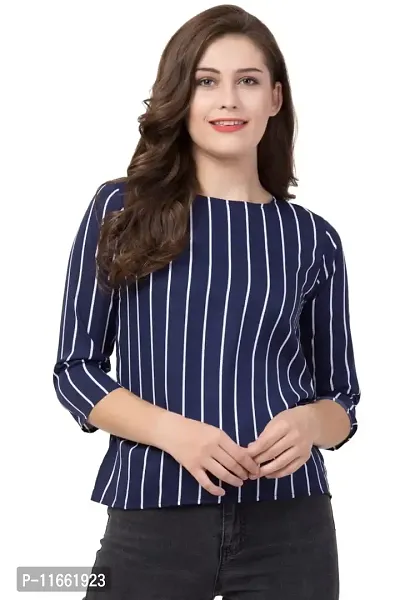 DAZZY BOUTIQUE Crepe Tops for Women, Striped Print Crepe Regular Fit Office Wear, Casual Wear T-Shirt for Girls and Women (Blue_Strip, X-Large)