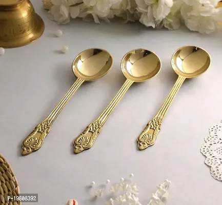 BulkySanta Brass Serving Spoons with Hand Crafted Etching Design (Size - 8.75 Weight - 100 Grams) | Royal dinnerware Serving Spoons Set (Set of 3 pcs.)-thumb0