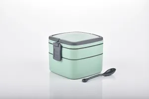 Double-Layer Square Lunch Box with Handle, Plastic Tiffin Box for Travelling, Office and School(Aqua Green)-thumb1