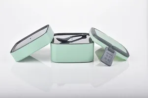 Double-Layer Square Lunch Box with Handle, Plastic Tiffin Box for Travelling, Office and School(Aqua Green)-thumb2