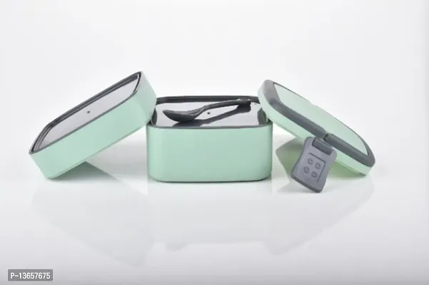 Double-Layer Square Lunch Box with Handle, Plastic Tiffin Box for Travelling, Office and School(Aqua Green)-thumb3