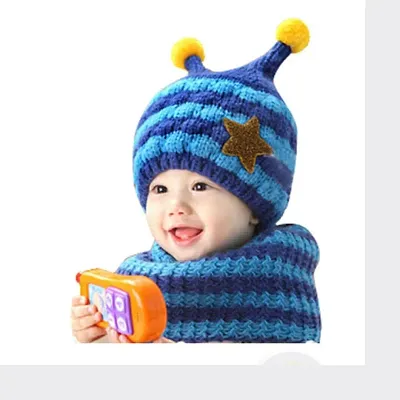 Winter Baby Wool Hat Hooded Scarf Earflap Knit Cap(1 to 3 Years)