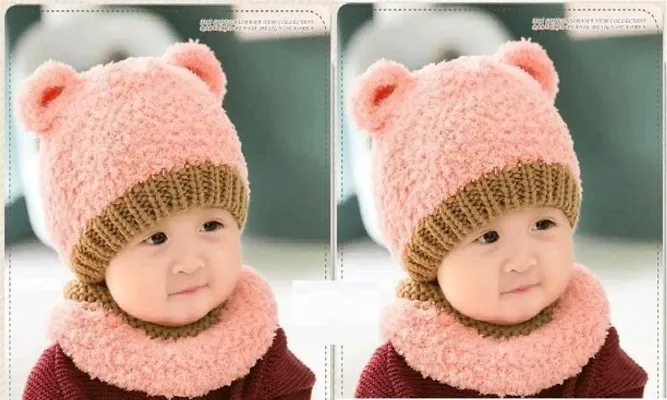 Classy Wool Winter Baby Hats with Neck Muffler, Pack of 2