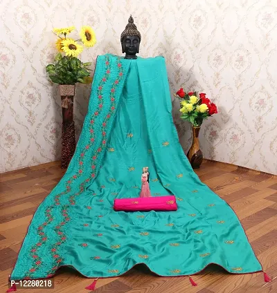 Stylish Dola Silk Turquoise Embroidered Women Saree with Blouse piece-thumb0