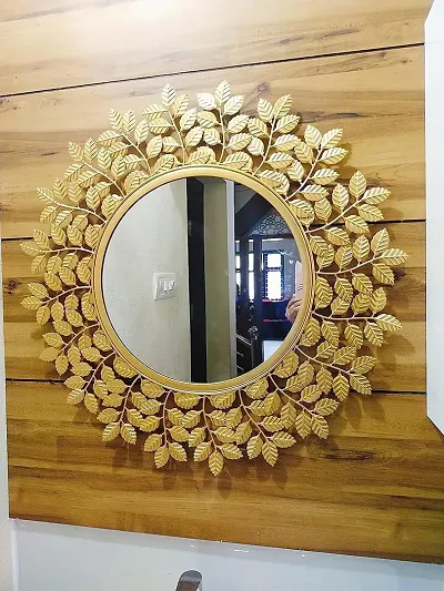 Furnish Craft Designer Gold Leaf Framed Round Mirror for Wall, Mirror for Bathroom, Wall Decor, Designer Mirror, Wall Mirrors - Pack of 1 (24 Inch/61 Cm)