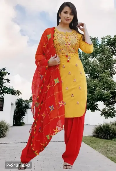 Classic Rayon Embroidered Kurta, Bottom and Dupatta Set for Women-thumb0