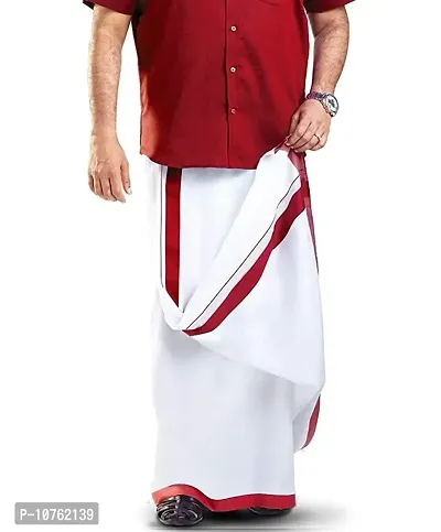 Ragini Men's Pure Cotton Double Dhoti (White With Colour Border_4m) (RED)