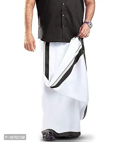 Ragini Men's Pure Cotton Double Dhoti (White With Colour Border_4m) (DARK GREEN)