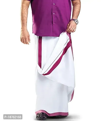 Ragini Men's Pure Cotton Double Dhoti (White With Colour Border_4m) (PINK)-thumb0