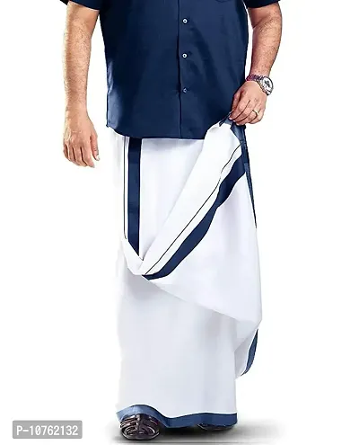 Ragini Men's Pure Cotton Double Dhoti (White With Colour Border_4m) (BLUE)