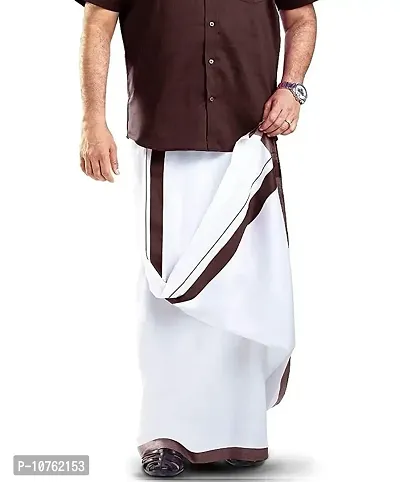 Ragini Men's Pure Cotton Double Dhoti (White With Colour Border_4m) (BROWN)-thumb0