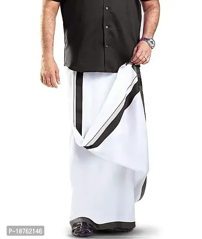 Ragini Men's Pure Cotton Double Dhoti (White With Colour Border_4m) (BLACK)-thumb0