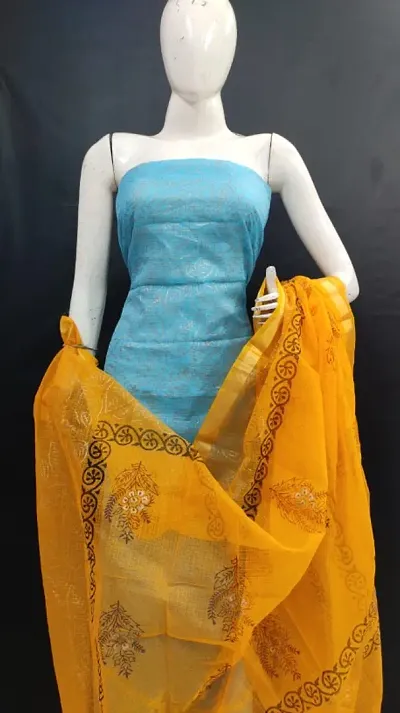 Elegant Silk Kota Doria Hand Block Women Top with Dupatta