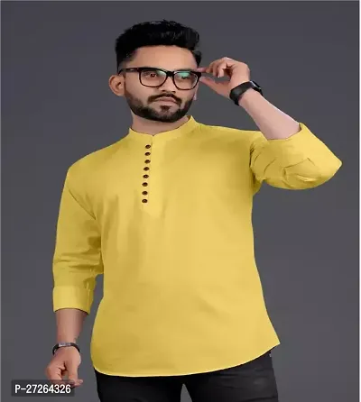 Reliable Yellow Cotton Solid Short Length Kurta For Men