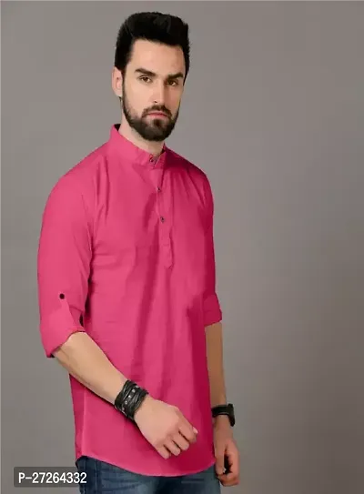 Reliable Pink Cotton Solid Short Length Kurta For Men