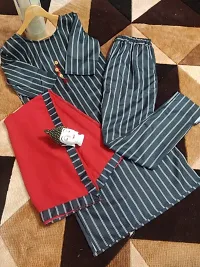 Stylish Cotton Slub Black Striped Kurta With Pant And Dupatta Set-thumb1
