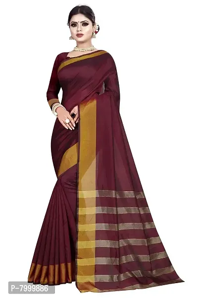 JULEE Women's Woven Cotton Silk Saree With Unstitched Blouse (LP Pallu Brown-JUL_Brown)