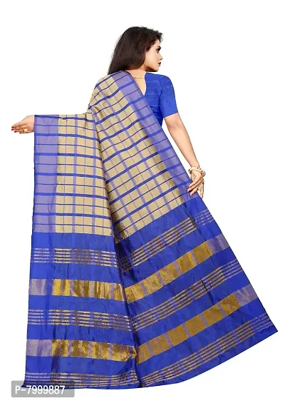 JULEE Women's Cotton Silk Checkered Saree (Beige-Blue_Free Size) CROS-thumb2