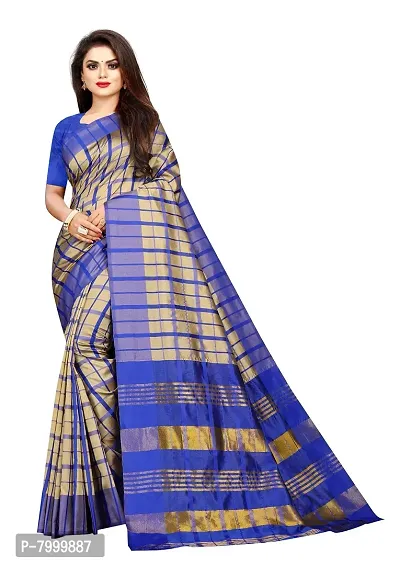 JULEE Women's Cotton Silk Checkered Saree (Beige-Blue_Free Size) CROS