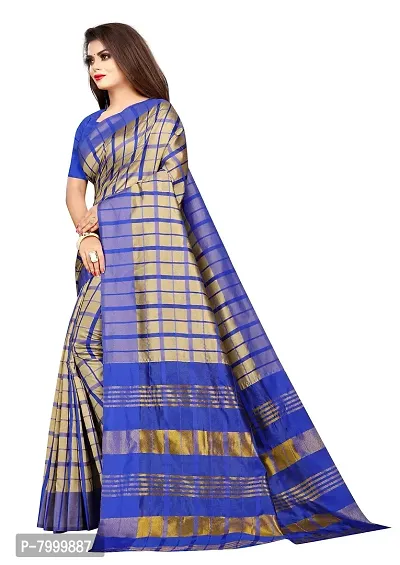 JULEE Women's Cotton Silk Checkered Saree (Beige-Blue_Free Size) CROS-thumb3