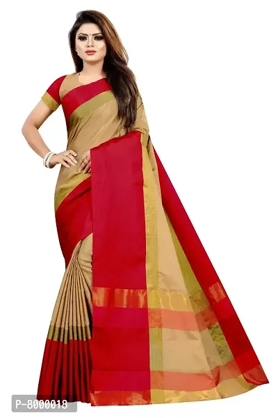 JULEE Women's Cotton Silk Saree With Unstitched Blouse Piece (Aura 01 Beige-Red-JULEE22_Beige  Red)