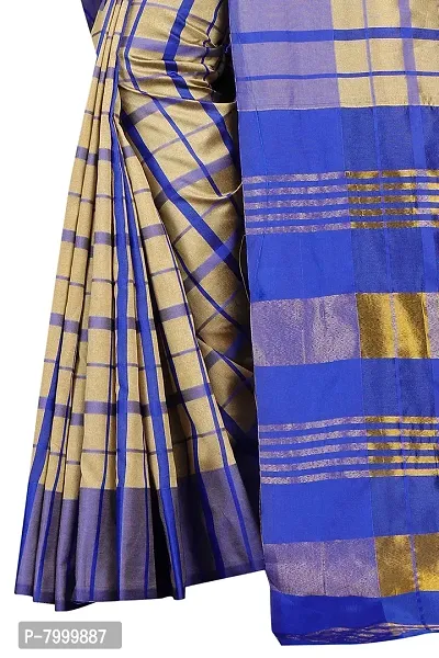 JULEE Women's Cotton Silk Checkered Saree (Beige-Blue_Free Size) CROS-thumb4