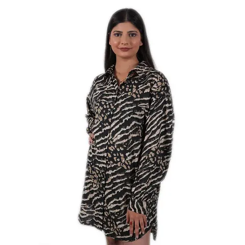 Stylish Women Casual Animal Printed Full Sleeve Western Shirt Dress