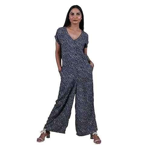 women's casual half sleeve v neck printed Jumpsuit