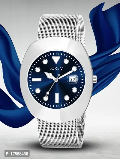 LOREM Slim Blue Dial Silver Stainless Steel Mesh Strap Premium Analog Watch For Men-LR142-thumb0