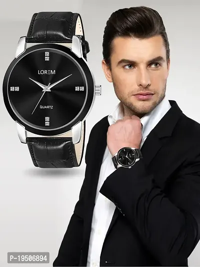 LOREM Stylish Synthetic Leather Black Dial Round Watch For Men-LR96