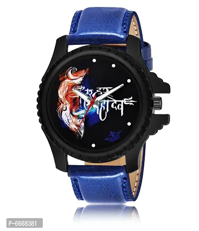 Stylish Synthetic Leather Blue Round Casual Watch For Men-thumb0