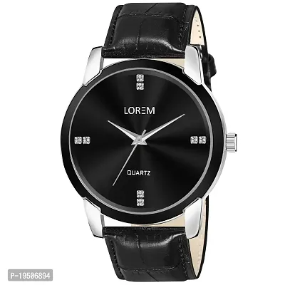 LOREM Stylish Synthetic Leather Black Dial Round Watch For Men-LR96-thumb2