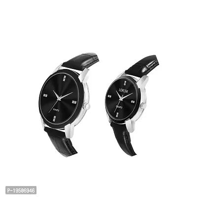 LOREM Combo Of Stylish Synthetic Leather Black Dial Round Watches For Couple-LR96-LR343-thumb3