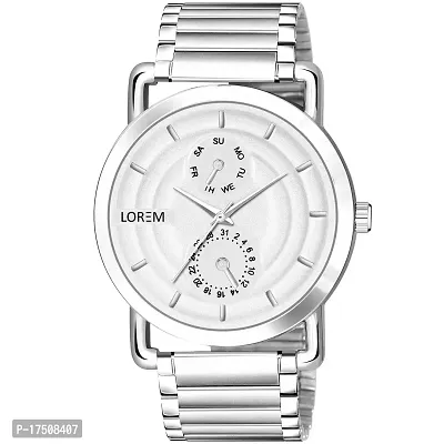 LOREM White Designer 3D Embossed Look Dial Round Silver Stainless Steel Premium Watches For Men-LR121-thumb5