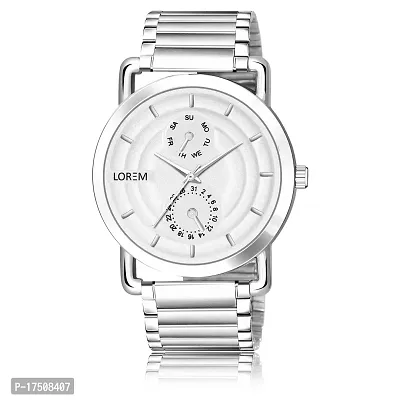 LOREM White Designer 3D Embossed Look Dial Round Silver Stainless Steel Premium Watches For Men-LR121