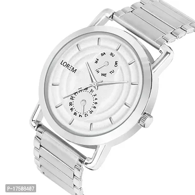 LOREM White Designer 3D Embossed Look Dial Round Silver Stainless Steel Premium Watches For Men-LR121-thumb3