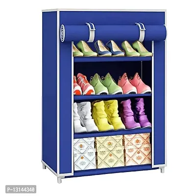 ASIAN 4 Tiers Multipurpose Portable Folding Shoes Rack/Shoes Shelf/Shoes Cabinet with Wardrobe Cover, Easy Installation Stand for Shoes (Pack of 1) (plastic & Non-Woven Fabric) (4 layer Blue)-thumb0