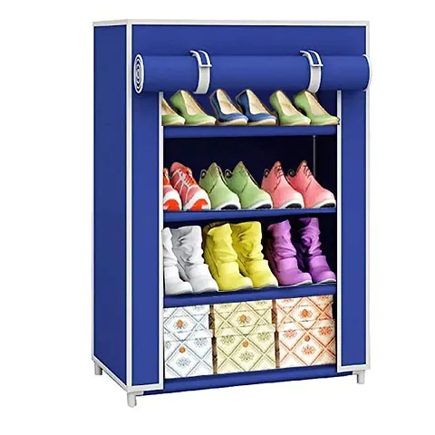 ASIAN 4 Tiers Multipurpose Portable Folding Shoes Rack/Shoes Shelf/Shoes Cabinet with Wardrobe Cover, Easy Installation Stand for Shoes (Pack of 1) (plastic & Non-Woven Fabric) (4 layer Blue)
