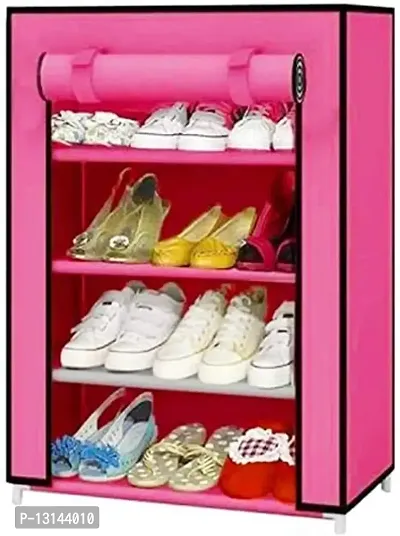 STRONGER Shoe Rack with cover for home 4 shelves Multipurpose Rack Organizer for Shoe/Clothes/books stand storage -(Rustproof Plastic pipe) 4 Layer (Pink)