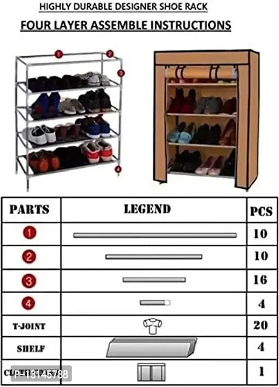 STRONGER Shoe Rack with cover for home 4 shelves Multipurpose Rack Organizer for Shoe/Clothes/books stand storage -(Rustproof Plastic pipe) 4 Layer (Printed)-thumb2