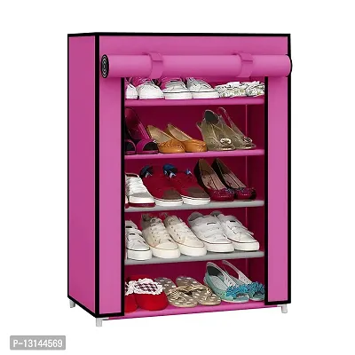 ASIAN 4 Tiers Multipurpose Portable Folding Shoes Rack/Shoes Shelf/Shoes Cabinet with Wardrobe Cover, Easy Installation Stand for Shoes (Pack of 1) (Plastic & Non-Woven Fabric) (4 Layer Pink)-thumb0